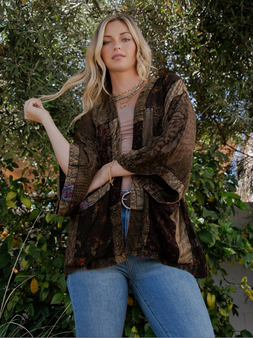 Boho Patchwork Open-Front Kimono Jacket in Olive Brown